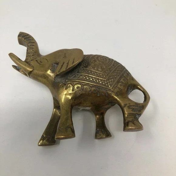 Vintage Small Solid Brass Elephant Raised Trunk Embossed Ornate MCM Figurine - Picture 5 of 11